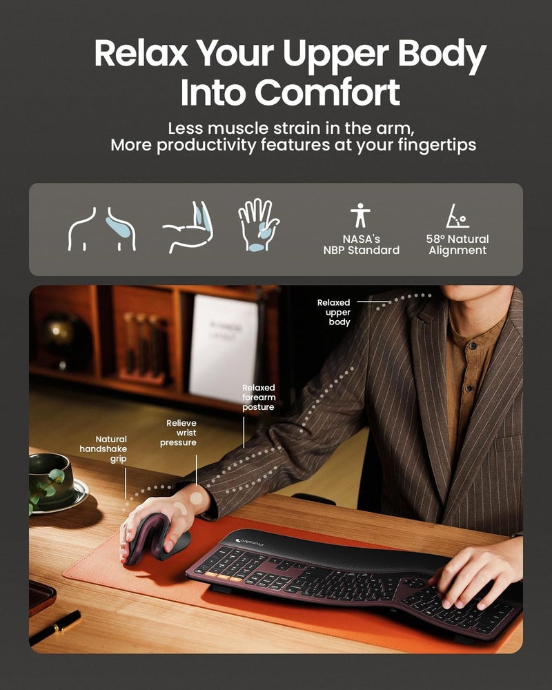 ProtoArc Ergonomic Mouse, EM11 NL Wireless Vertical Mouse, Ergo Mouse with Multi-Device, USB-C Rechargeable Mice for Windows, Mac OS, PC/Notebook/Laptop,Wine Red - Image 4